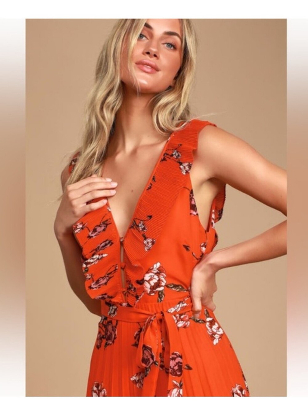 Lulus Loved By You Women’s Red Orange Floral V-Neck Pleated Maxi Dress Small - Picture 2 of 8